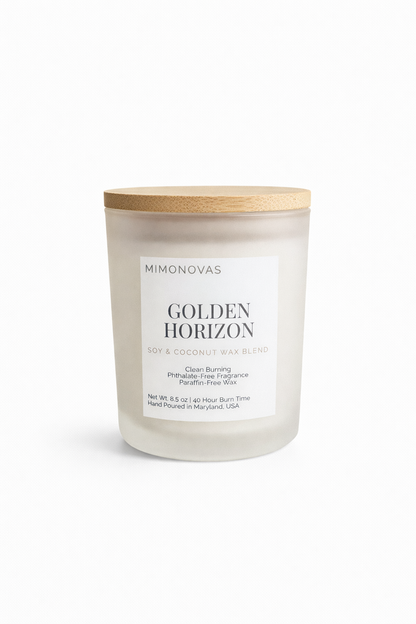 Vela de lujo Golden Horizon – Vidrio esmerilado de 237 g | Cera de soja y coco vertida a mano | Limpia y sin toxinas