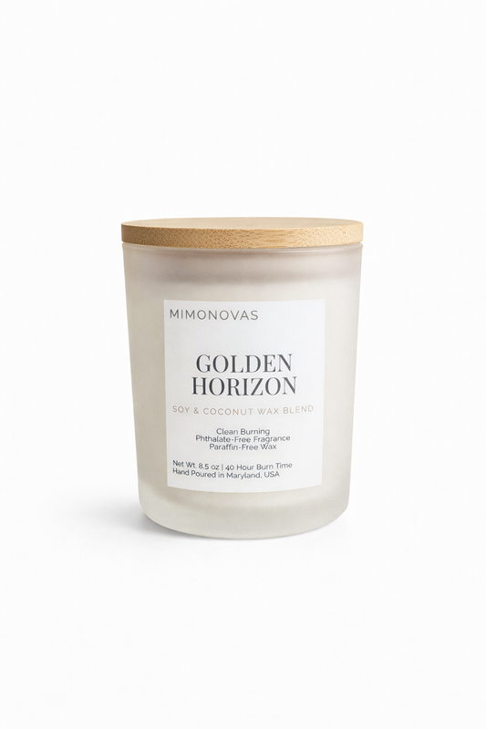 Vela de lujo Golden Horizon – Vidrio esmerilado de 237 g | Cera de soja y coco vertida a mano | Limpia y sin toxinas