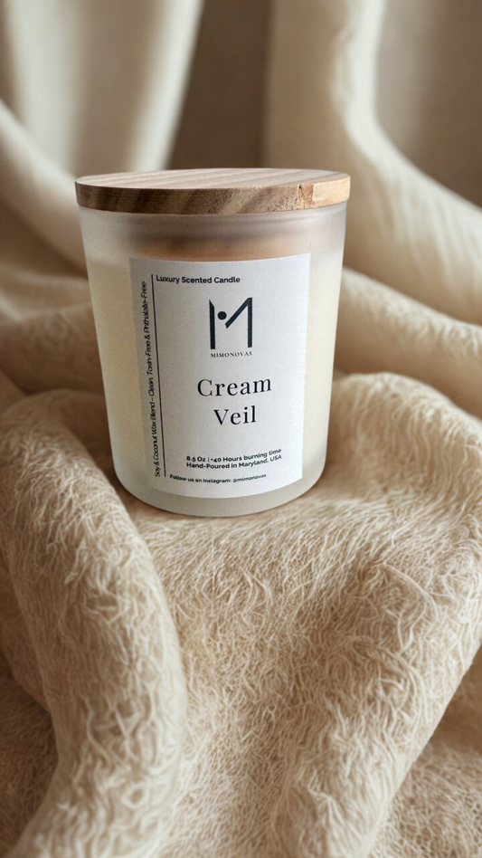 Cream Veil Luxury Candle – 8.5 oz Frosted Glass | Hand-Poured Soy & Coconut Wax | Clean & Toxin-Free
