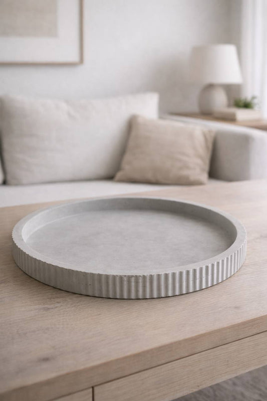 Round Concrete Decorative Tray – Modern Minimalist Home Decor with Gold Accent | Handmade Luxury